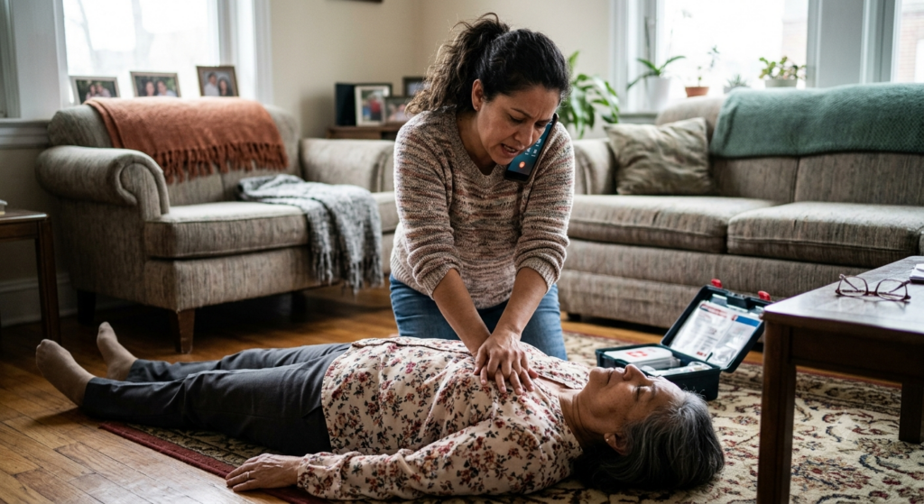 Caregiver giving CPR to mother